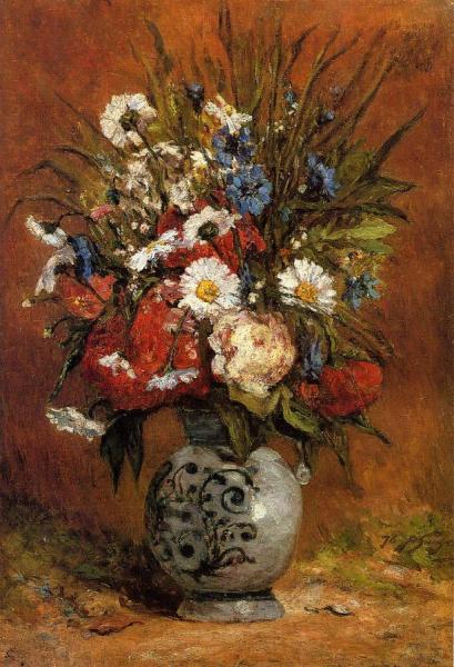 Daisies And Peonies In A Blue Vase by Paul Gauguin