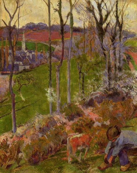 Late Winter, Pont-aven Breton And Calf by Paul Gauguin