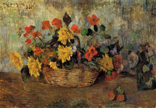 Nasturtiums And Dahlias In A Basket by Paul Gauguin