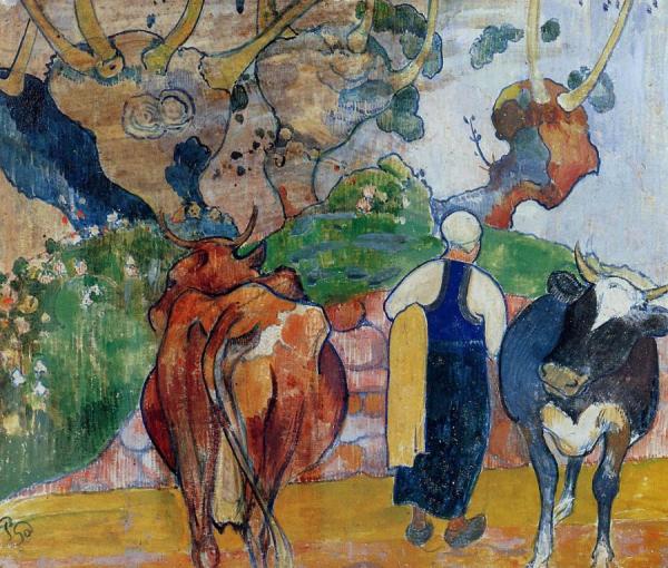 Peasant Woman And Cows In A Landscape by Paul Gauguin