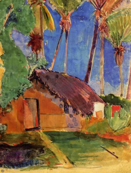 Thatched Hut Under Palm Trees by Paul Gauguin