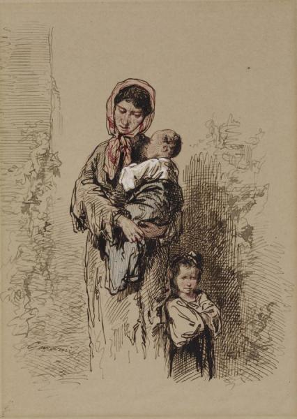 Peasant Woman With Two Young Children by Paul Gavarni Oil Painting Reproductions
