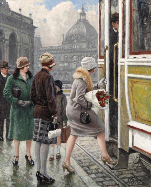At The Tram Stop by Paul Gustave Fischer
