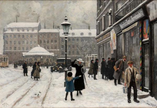 Figures In A Town Square In Winter by Paul Gustave Fischer