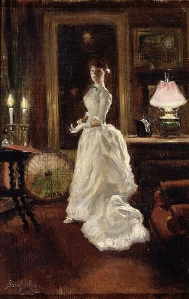 Interior Scene With A Lady In A White Evening Dress by Paul Gustave Fischer