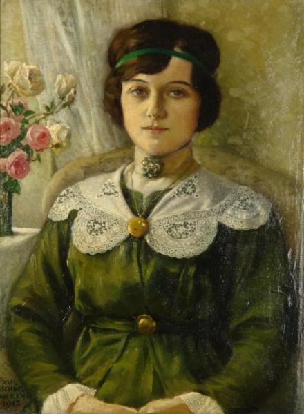 Portrait Of A Young Woman In A Green Dress by Paul Gustave Fischer