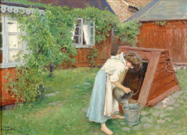 Scene From Garden In Båstad, Girl Fetching Water by Paul Gustave Fischer