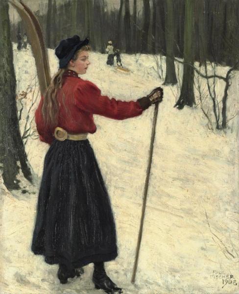 Skiers In A Snowy Wood by Paul Gustave Fischer