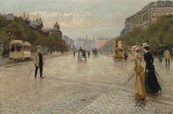 The Passage Of Vesterbro With A View Of The Frihedsstotten, Copenhagen by Paul Gustave Fischer