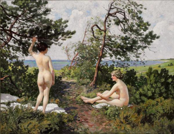 Two Bathing Girls In The Bushes Near The Coast Of Hornbæk by Paul Gustave Fischer Oil Painting Reproductions