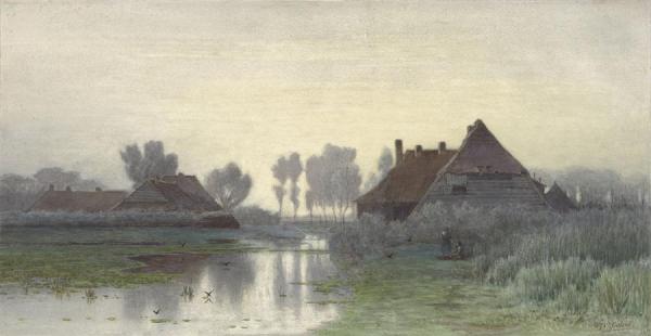 Boerenwoningen Aan Het Water Bij Ochtendnevel by Paul Joseph Constantin Gabriel
