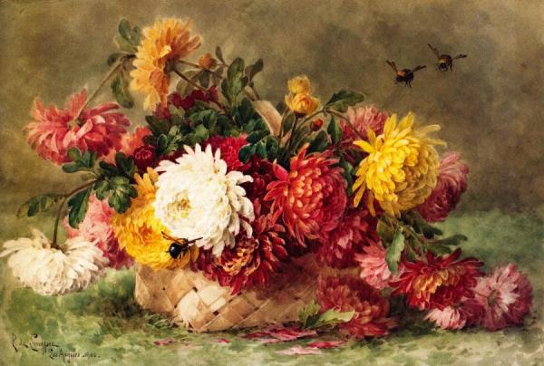 Chrysanthemums In A Woven Basket by Paul M. Delongpre Oil Painting Reproductions