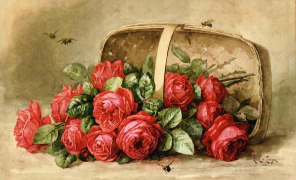 Paul M. Delongpre Still Life, Roses With Bumble Bees