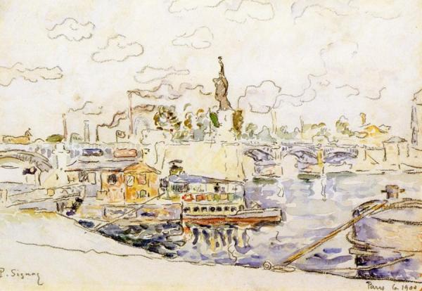 View Of Paris With The Statue Of Liberty by Paul Signac