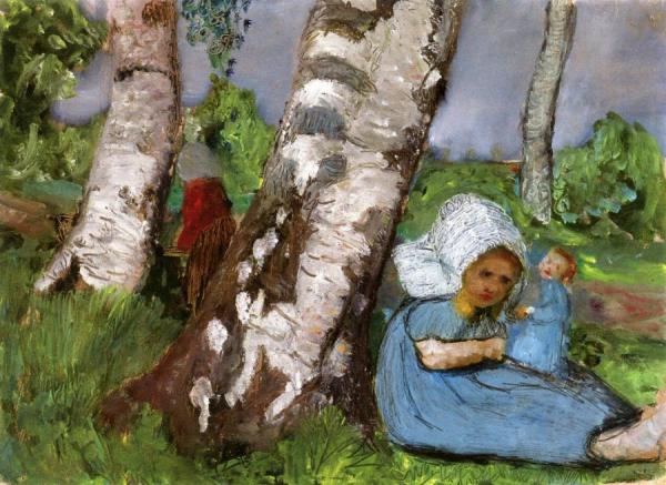 Child With Doll Sitting On A Birch Trunk by Paula Modersohn-becker