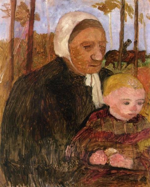 Farmwoman With Child, Rider In The Background by Paula Modersohn-becker
