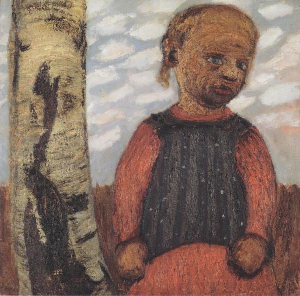 Girl In A Red Dress By A Tree Trunk by Paula Modersohn-becker