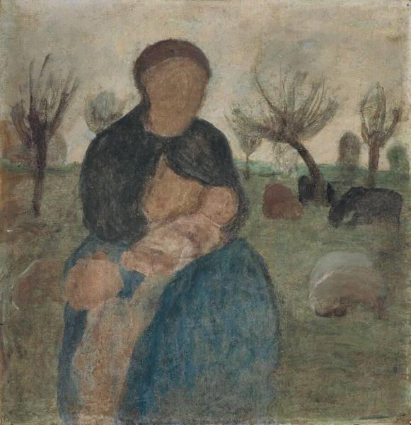 Mother With Baby At Her Breast And Child In Landscape by Paula Modersohn-becker