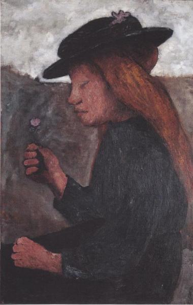 Seated Girl With Black Hat And Flower In Her Hand by Paula Modersohn-becker