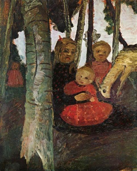 Three Children With Goat In The Birch Forest by Paula Modersohn-becker