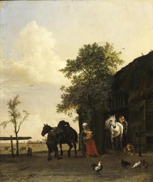 Paulus Potter Figures With Horses By A Stable