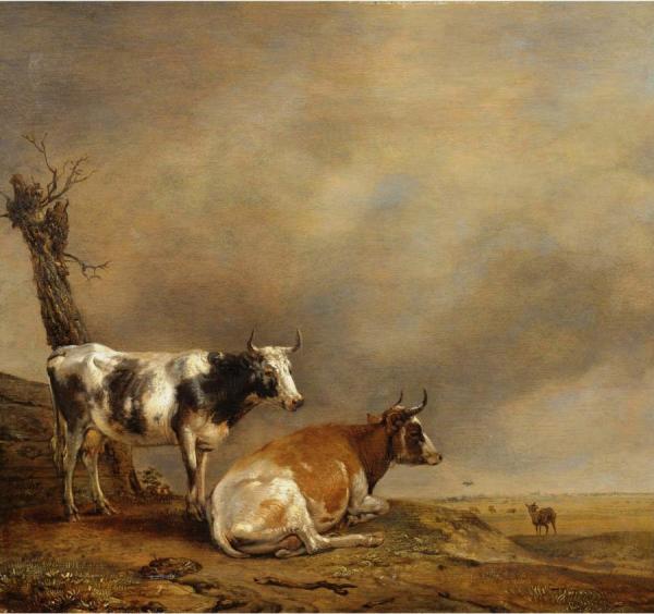 Two Cows And A Goat By A Pollarded Tree In A Landscape With Other Cows by Paulus Potter Oil Painting Reproductions