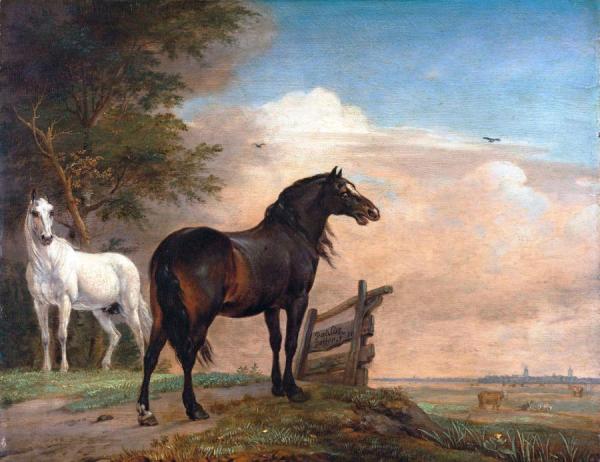 Paulus Potter Two Horses Near A Gate In The Meadow