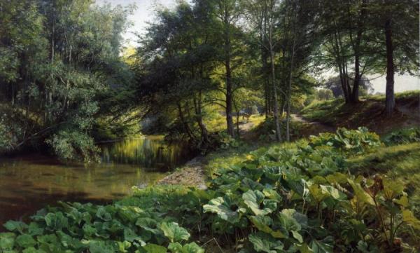 A Wooded River Landscape With Deer Beyond by Peder Mork Monsted