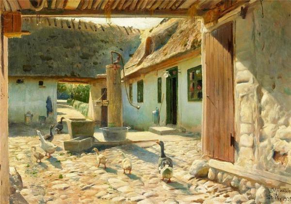 Geese On The Cobblestones In The Courtyard On A Summer by Peder Mork Monsted