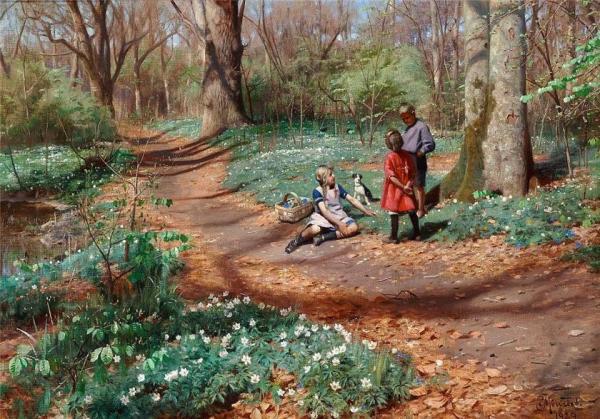 Peder Mork Monsted Kids Picking Anemones And Violets In A Forest With Unfolding Beeches