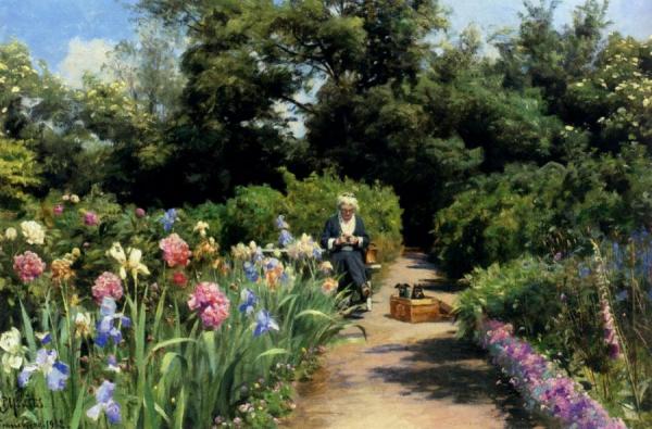 Knitting In The Garden by Peder Mork Monsted Oil Painting Reproductions