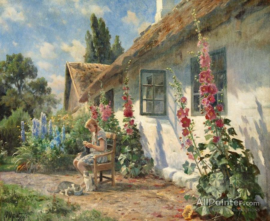 Summer Day In The Garden With A Girl Knitting