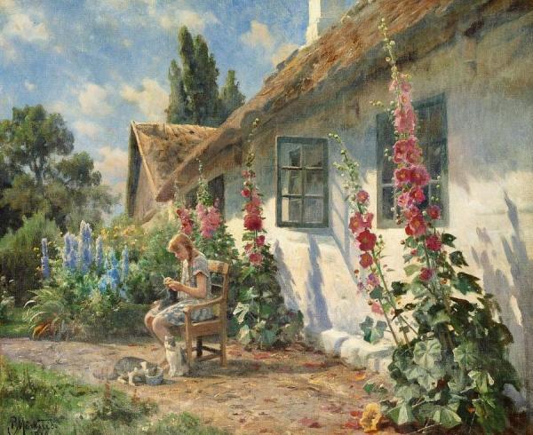 Peder Mork Monsted Summer Day In The Garden With A Girl Knitting