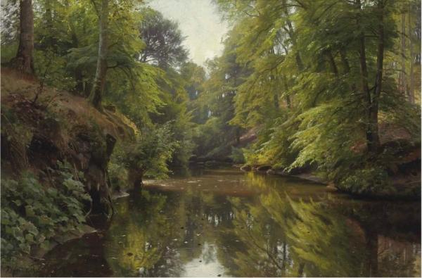 Wooded River Landscape by Peder Mork Monsted