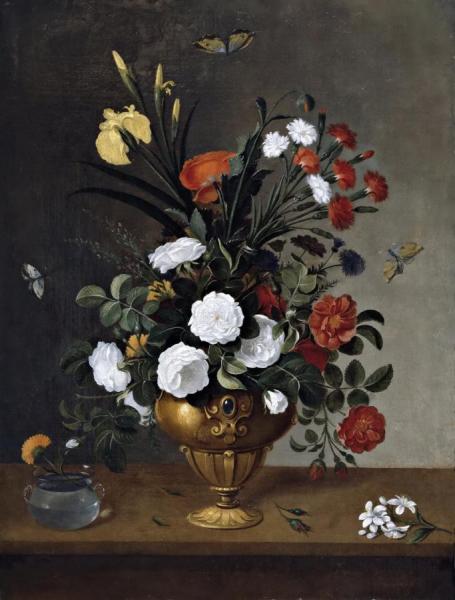 Flowers In A Vase And A Glass Bowl With A Carnation by Pedro De Camprobin Oil Painting Reproductions