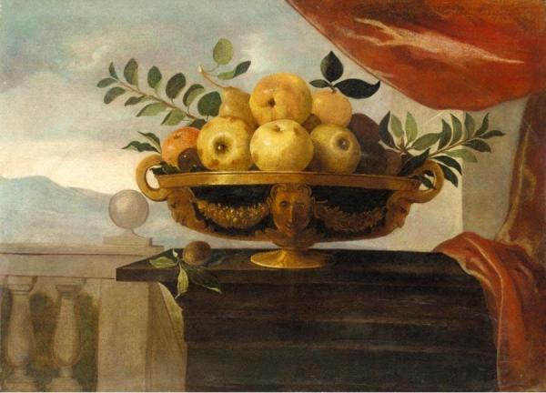 Still-life Of Apples, Pears And Plums In A Bowl, Set Upon A Wooden Table Before A Landscape by Pedro De Camprobin Oil Painting Reproductions