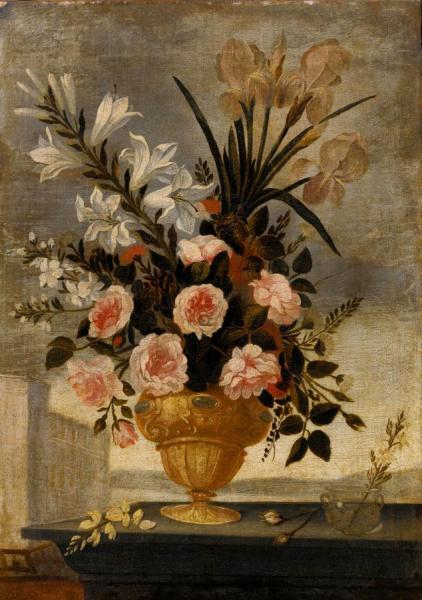 Still Life Of Iris, Lilies, Roses And Carnations In Elaborate Urn by Pedro De Camprobin Oil Painting Reproductions