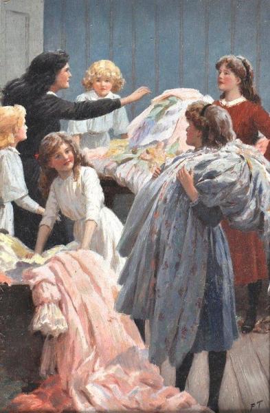 An Interior Scene, With Young Girls Playing With A Clothes From A Trunk by Percy Tarrant