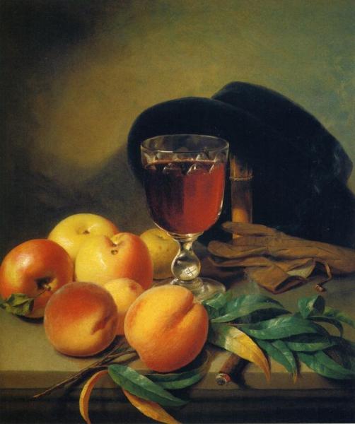Tabletop With Apples, Peaches, Gloves, Hat And Cigar by Peter Baumgartner
