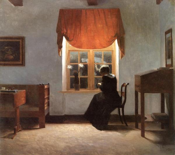 A Woman Knitting By A Window by Peter Ilsted