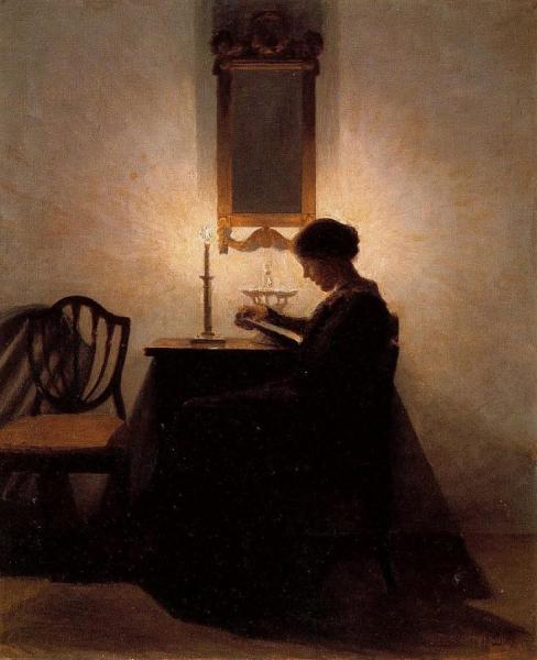 Woman Reading By Candlelight by Peter Ilsted