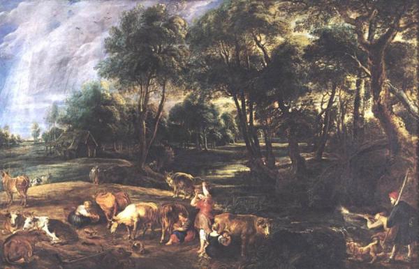 Landscape With Hunters, Cows And Wildfowl by Peter Paul Rubens