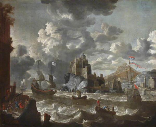 Peter Van Den Velde A Mediterranean Port Scene With Shipping In Choppy Seas And With A Fort In The Centre