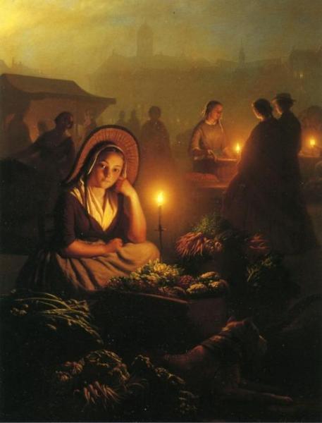 A Young Girl Selling Vegetables At The Night Market, With The Dam Palace And The Nieuwe Kerk In The Distance, Amsterdam by Petrus Van Schendel
