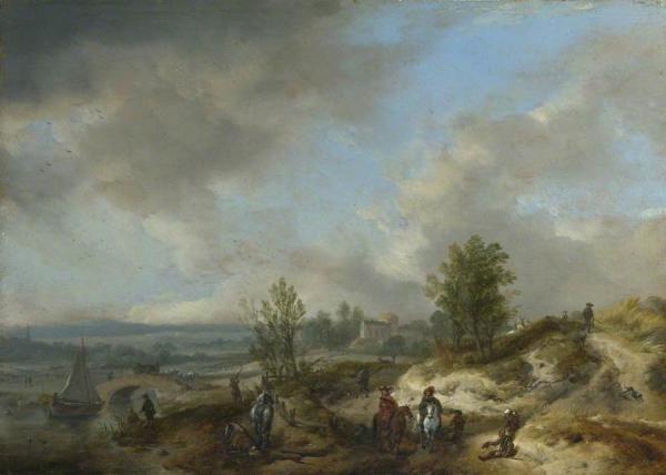 Philips Wouwermans A Dune Landscape With A River And Many Figures