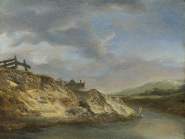 Philips Wouwermans A Stream In The Dunes, With Two Bathers