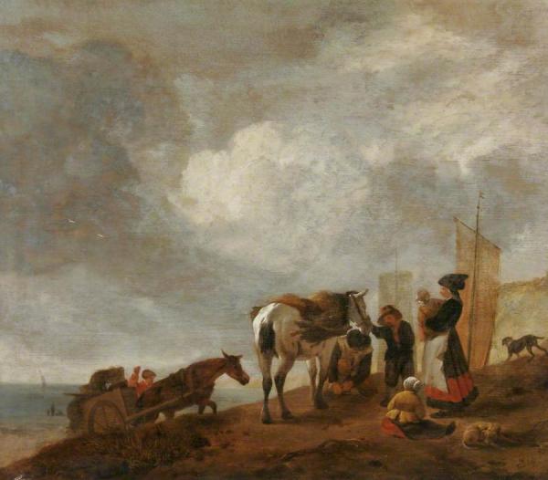 Philips Wouwermans Figures On A Shore, A Mother With A Child, A Grey Horse, A Cart Beyond