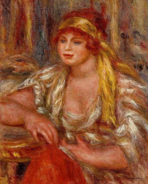 Andree In Yellow Turban And Blue Skirt by Pierre Auguste Renoir