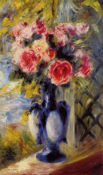 Bouquet Of Roses In A Blue Vase by Pierre Auguste Renoir