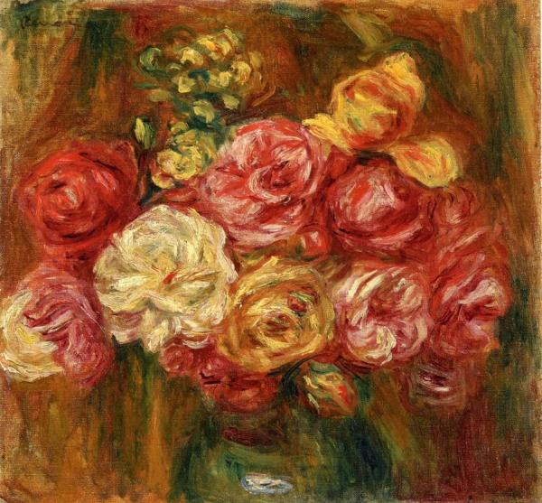 Bouquet Of Roses In A Green Vase by Pierre Auguste Renoir